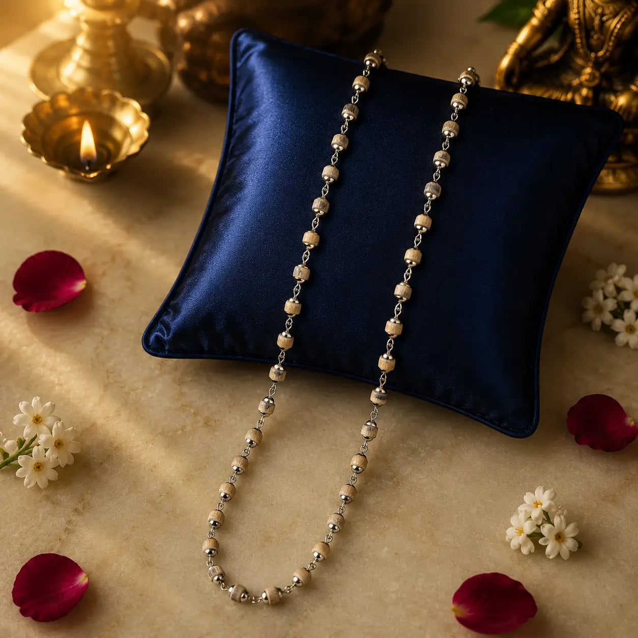 Silver Plated Tulsi Mala  ( 54 Beads, 6 mm), placed on blue pillow