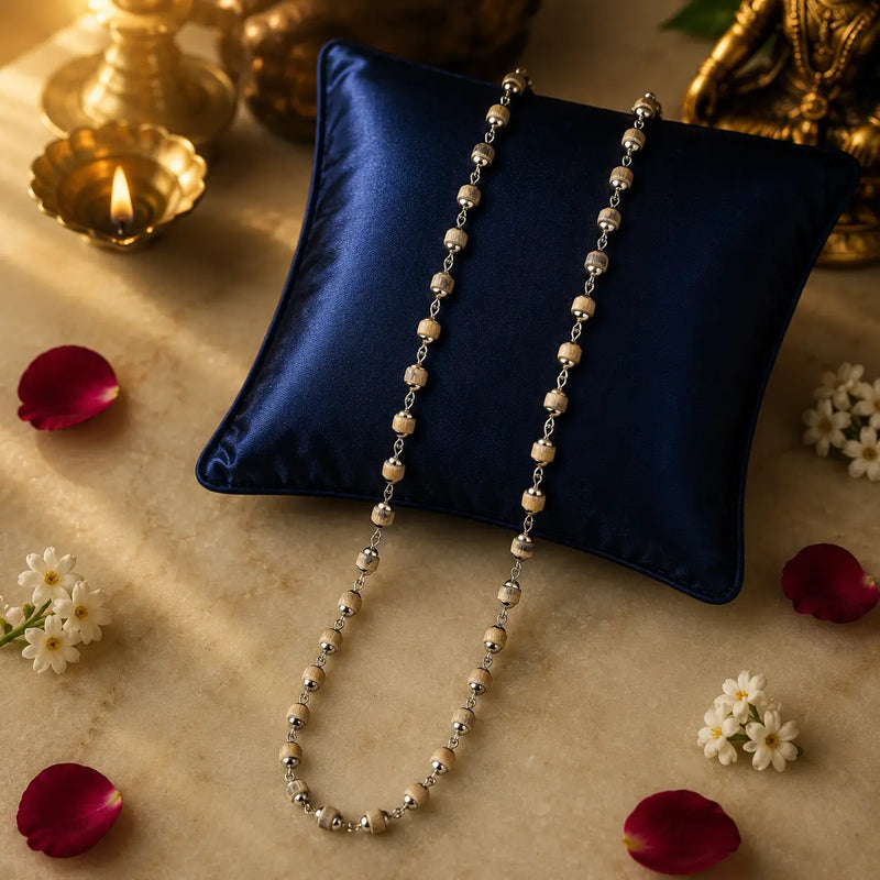 Silver Plated Tulsi Mala  ( 54 Beads, 6 mm), placed on blue pillow