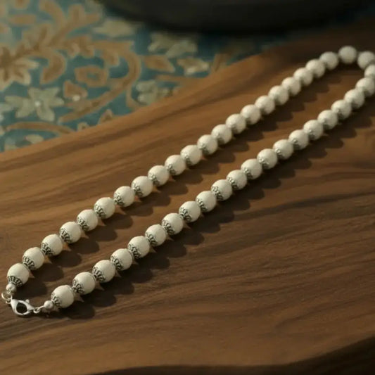 Original Silver Tulsi Combo (Mala & Bracelet) – 54+17 Beads, 10 mm, Peace & Protection