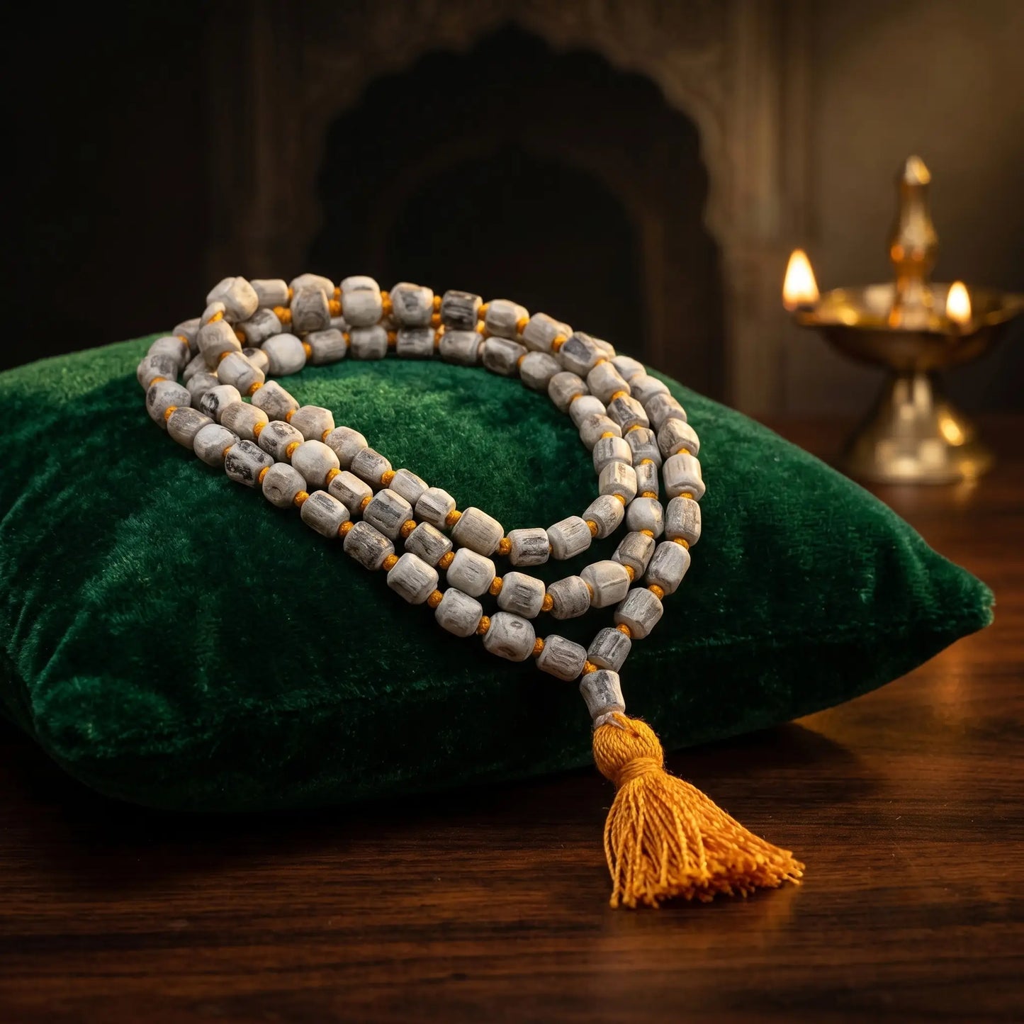 Tulsi Japa Mala with 108 Original Big Beads placed on a green pillow
