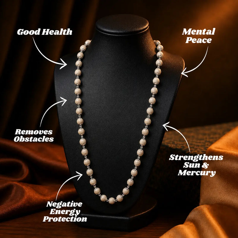 Original Silver-Plated Tulsi Mala – 54 Beads, 10 mm, displaying its benefits
