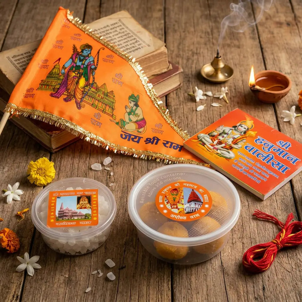 Ayodhya Prasad Box featuring Jai Shri Ram flag, Hanuman Chalisa, and sacred sweets from Ayodhya.