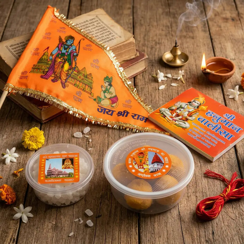 Ayodhya Prasad Box featuring Jai Shri Ram flag, Hanuman Chalisa, and sacred sweets from Ayodhya.