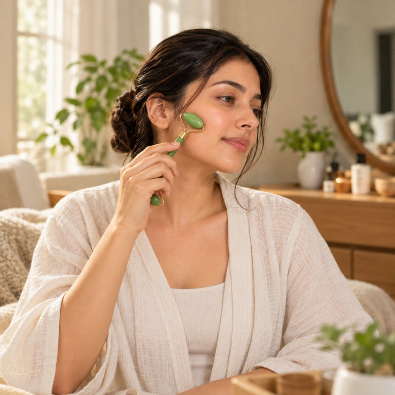 women using Green Aventurine Roller 