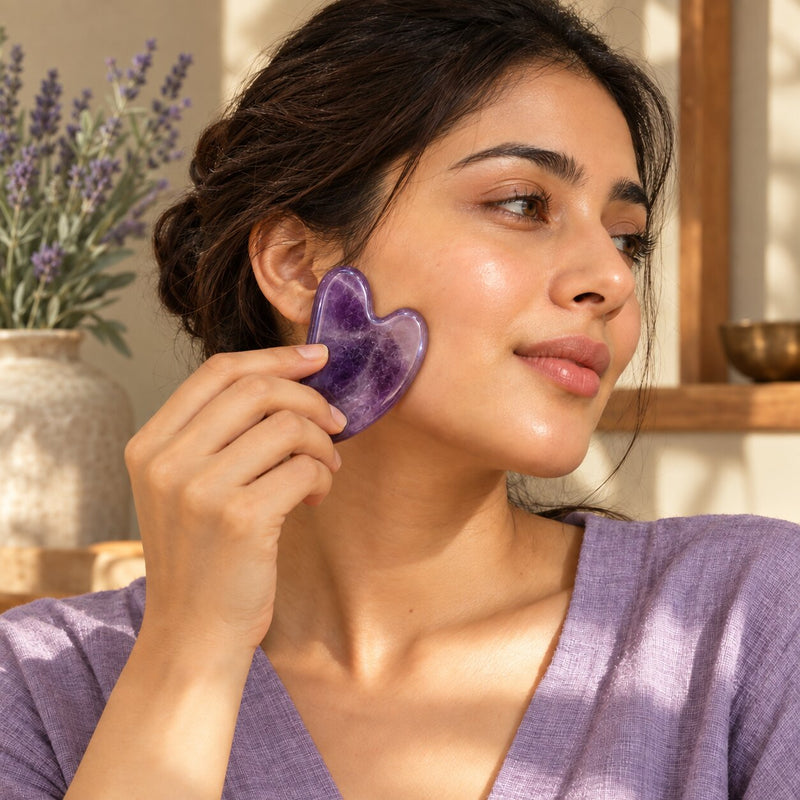 women using Amethyst crystal Gua Sha 