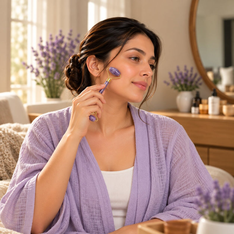 Woman using Amethyst crystal roller