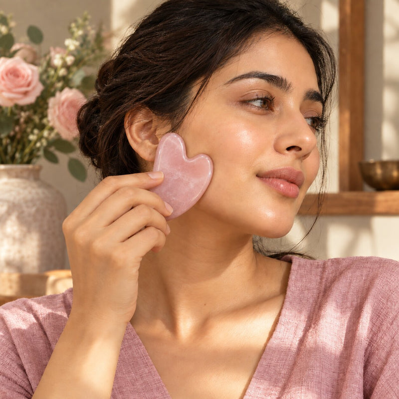 woman using rose quartz crystal Gua Sha 