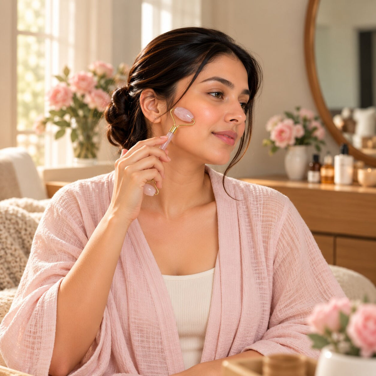Woman using Rose quartz crystal roller
