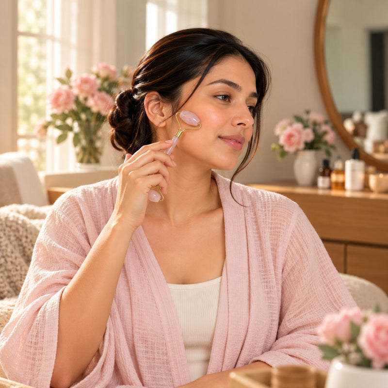 Woman using Rose quartz crystal roller